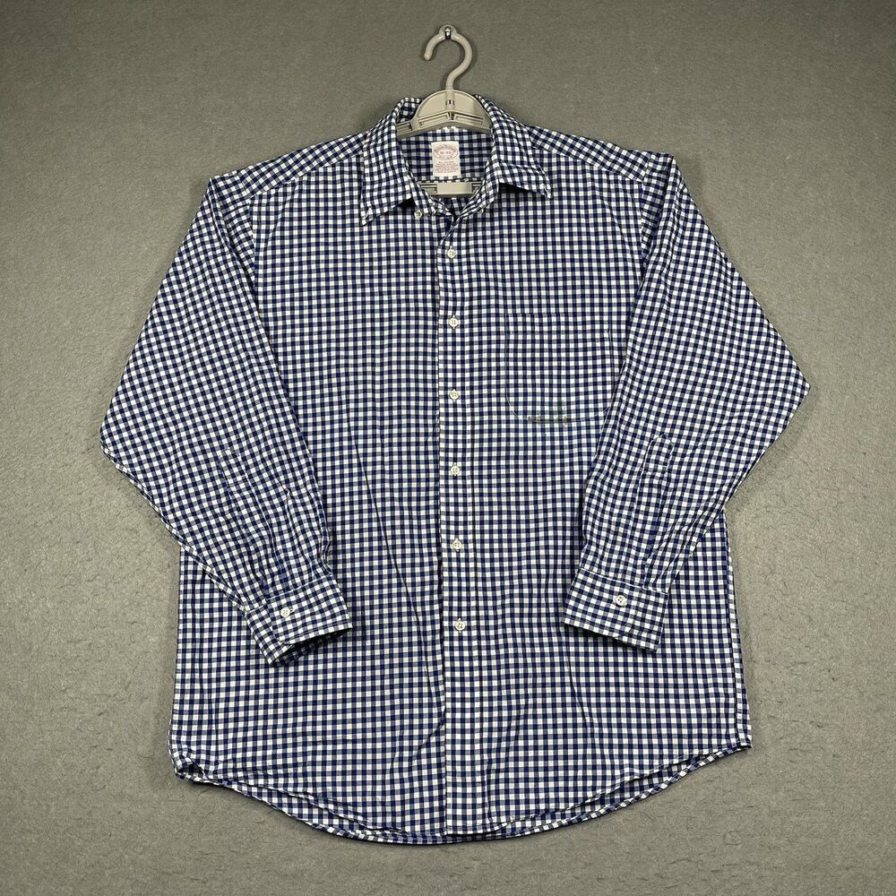 Brooks Brothers Shirt Men 16-33 White Blue Gingham Check Long Sleeve Cotton READ